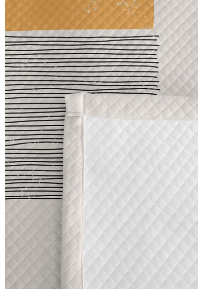 Modern Geometrik Hardal Genç Odası Tek Kişilik Pike Takımı - Siyah Çizgili 160x220 Cm Yatak Örtüsü Keten Günce Aurası