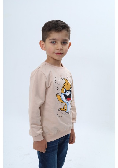 Toontoy Kids Toontoy Erkek Çocuk Çıtçıtlı Köpek Balığı Baskılı Sweatshirt Bej