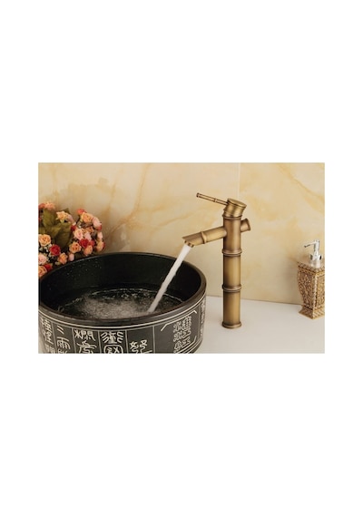 Rena Design Bambu Model Rustik Antik Lavabo Bataryası Banyo Çanak Musluğu Eskitme Lavabo Armatür Otantik Bakır Antik Eskitme Bakır Görünüm