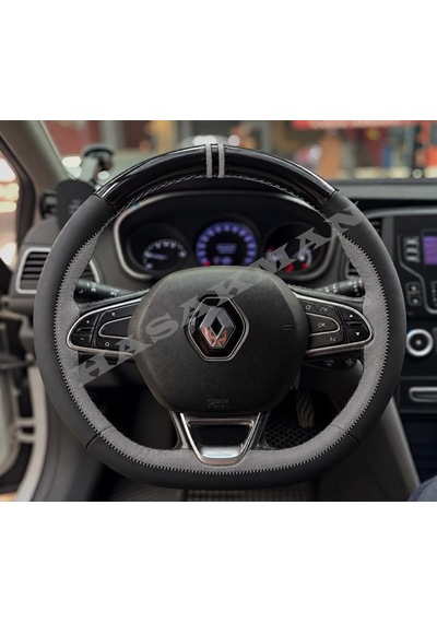Renault Megane 4 Dikme Direksiyon Kılıfı Parlak Siyah Gri Detaylı Gri Çift Yüzük Ve Dikiş 2016-2024