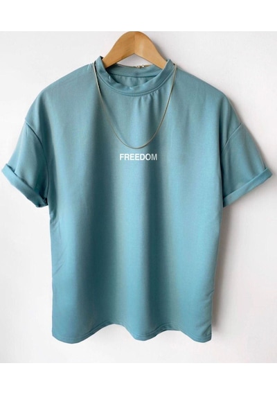 Flood Of Style Erkek Petrol Yeşil Freedom Baskılı Oversize Bisiklet Yaka Kısa Kollu T-shirt Mavi