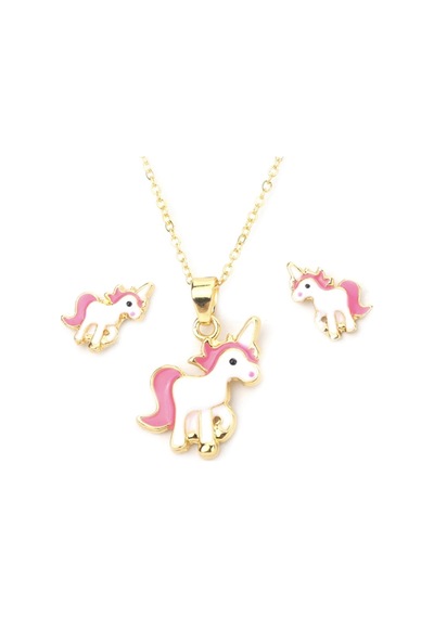 Unicorn Altın Gold Renkli Taşlı Kolye Ve Küpe Hediye Sade Şık Çocuk Takı Seti Çok Renkli
