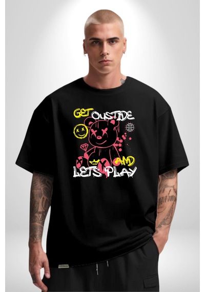 Dışarı Çık Ve Oynayalım Teddy Pamuklu Bisiklet Yaka Unisex Oversize Boyfriend Dijital Baskılı Siyah T-shirt Siyah