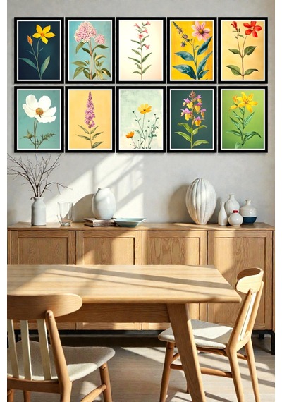 10 Lu Çiçek Görselli Ahşap Mdf Duvar Tablo Seti, Salon Yatak Odası Modern Dekor