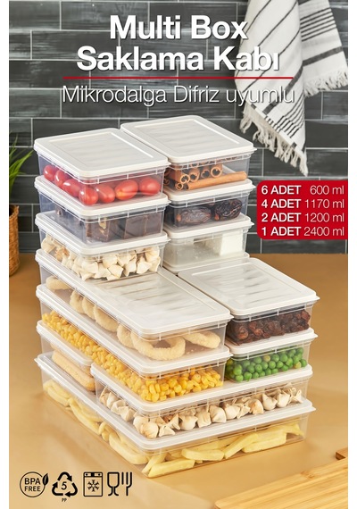 Multi Box 13 Parça 4 Farklı Boy Saklama Kabı Seti - Dondurucu & Mikrodalga Uyumlu Krem