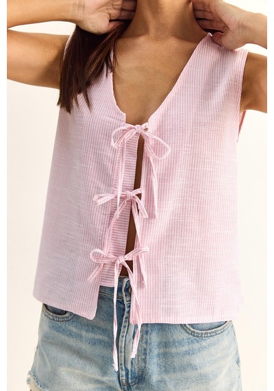 Shade Kadın %100 Pamuk Kalın Askılı Önden Bağlama Detaylı Çizgili Peplum Bluz 60282045 - Beyaz-pembe Çok Renkli