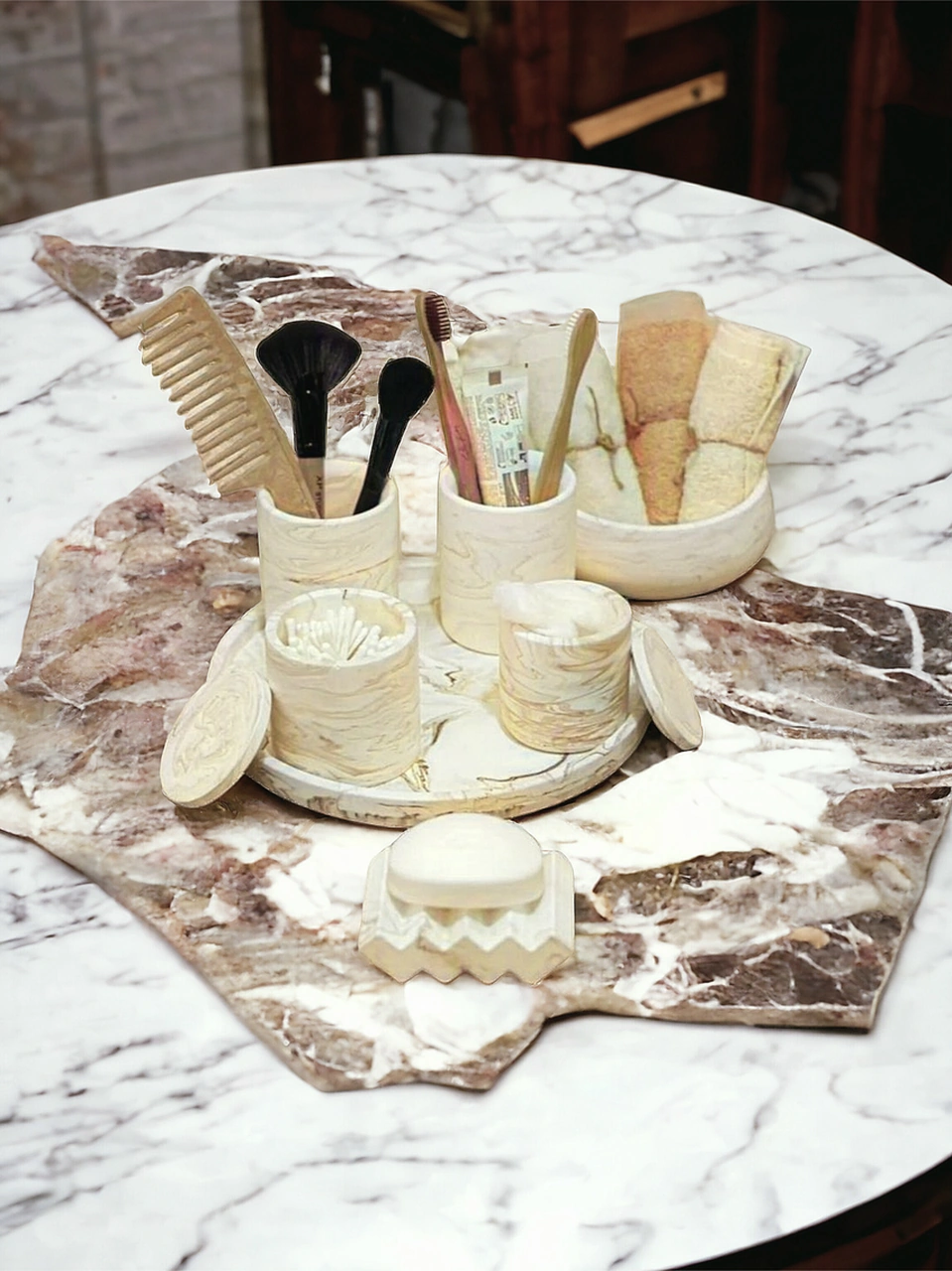 Marble Bej Serisi Tepsili Beton Banyo Seti,pamukluk,havluluk Ve Sabunluk Set Gri