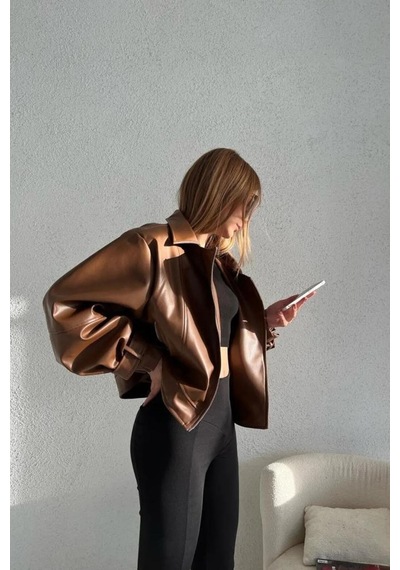 Mavifidesign Kadın Taba Oversize Deri Ceket Taba Taba