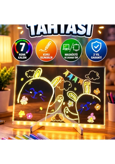 Led Işıklı Yazı Panosu 7 Renk Kalemli Kuru Silinebilir Masaüstü Ve Duvar Tipi