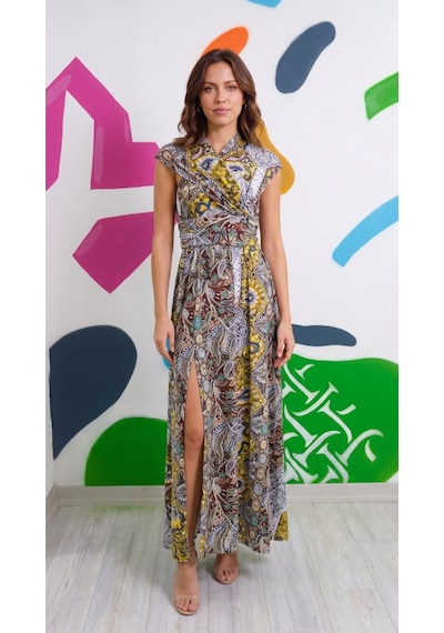 Alyn Wear Kadın Omuzlardan Açık Yakadan Çapraz Geçme Detaylı Yırtmaçlı Desenli Uzun Süprem Elbise Sarı Alyn Wear Kadın Omuzlardan Açık Yakadan Çapraz Geçme Detaylı Yırtmaçlı Desenli Uzun Süprem Elbise Sarı