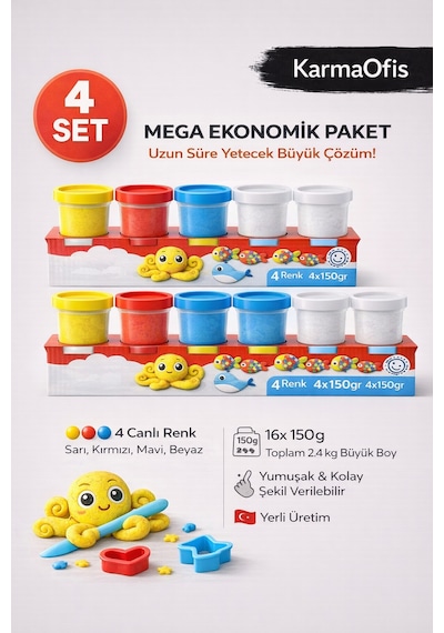Kidz 4 Lü Büyük Boy Oyun Hamuru 4x150 Gr 4 Renk Yumuşak Çocuk Oyun Hamuru Beyaz