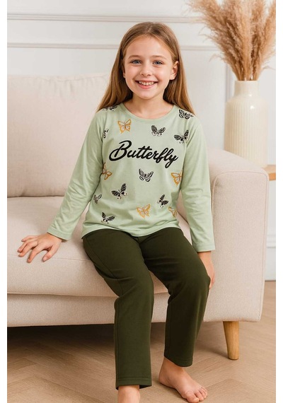 Kız Çocuk Pijama Takımı %100 Pamuk Yeşil