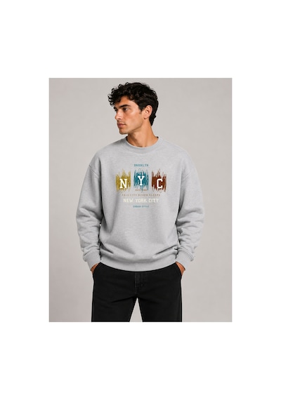 Herkesemoda Nyc Baskılı Bisiklet Yaka Şardonlu 2 İplik Sweatshirt Gri