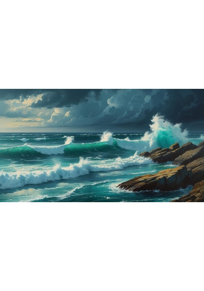 Doğa Ve Manzara Yatay Kayalara Çarpan Güçlü Okyanus Dalgaları, Dramatik Gökyüzü 06 Çerçevesiz 90x60cm Pvc Tablo