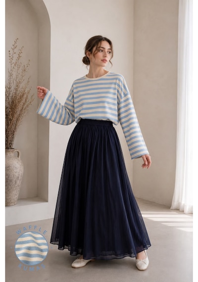Herkesemoda Çizgili Waffle Kumaş Kadın Body Mavi