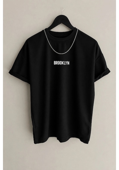 Tarzsokak Erkek Mavi Brooklyn Baskılı Oversize Bisiklet Yaka Kısa Kollu Tshirt
