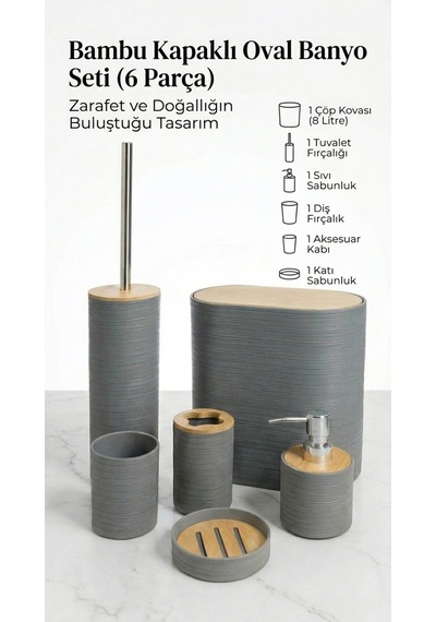 Makri Home 6 Parça Bambu Kapaklı Banyo Seti, Gri, Oval, Hacim: 8 Litre Gri