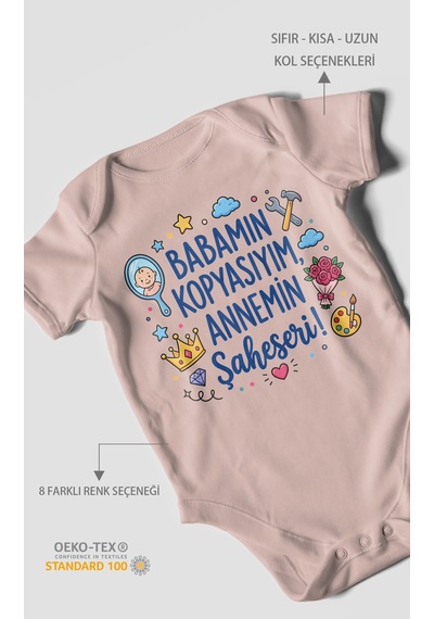Morivokids Babamın Kopyasıyım Annemin Şaheseri Kısa Kollu Bebek Body %100 Pamuk Pastel Pembe
