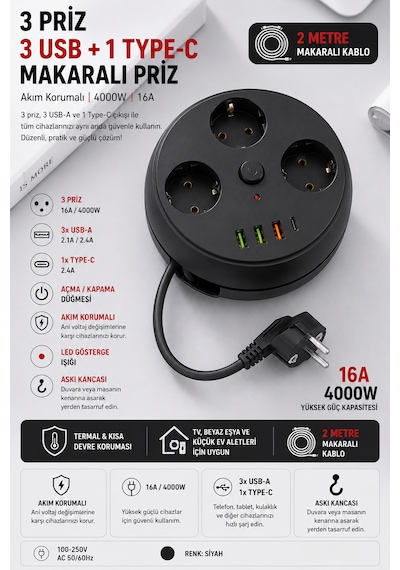 Akım Korumalı Makaralı Priz 3 Priz 3 Usb-a 1 Type-c 2 Metre Kablo 4000w 16a Açma Kapama Düğmeli Siyah 1 - 3 M