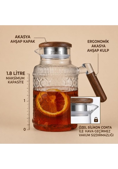 1.8 Litre Akasya Ahşap Kapaklı Ve Kulplu Vakumlu Cam Sürahi