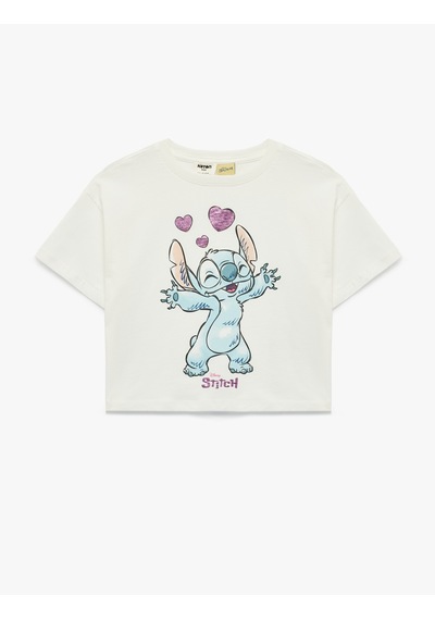 Koton Kısa Kollu Bisiklet Yaka Pamuklu Lisanslı Stitch Baskılı Tişört Ekru 6skg10244ak Ekru