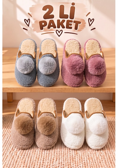 Stwenn 2'li Karma Erkek Kadın Avantajlı Paket Peluş Ev Terliği Kapalı Burun Arkası Açık Sıcak Rahat Panduf 2 Li Celsi