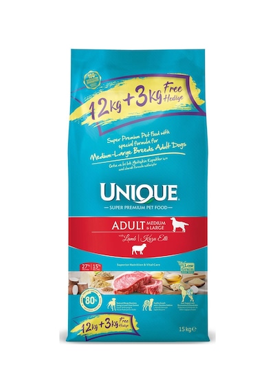 Unique Kuzu Etli Orta ve İri Irk Yetişkin Köpek Maması 12 KG + 3 KG