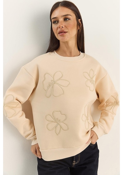 Shade Kadın Çiçek Eva Nakış Üç İplik Şardonlu Sweatshirt 60601046 - Bej