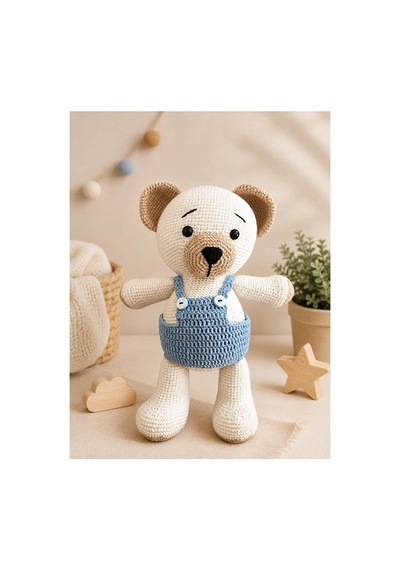 El Yapımı Amigurumi Tombiş Ayı Oyuncak - Mavi Tulumlu