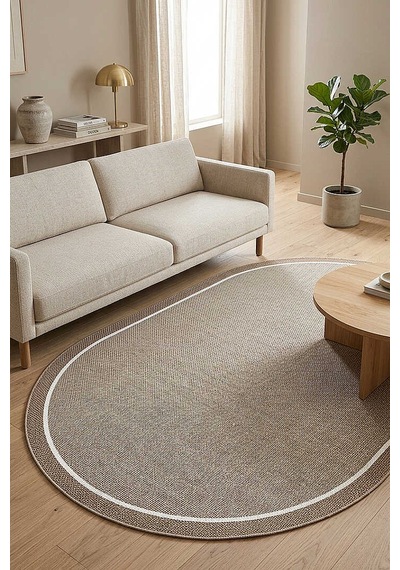 Natura Sisal Hasır Görünümlü Çift Bordürlü Oval Halı Ntr28 Kahve