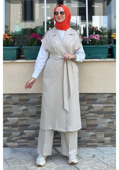 Rabia Şamlı Apoletli Çizgili Takım Bej Normal