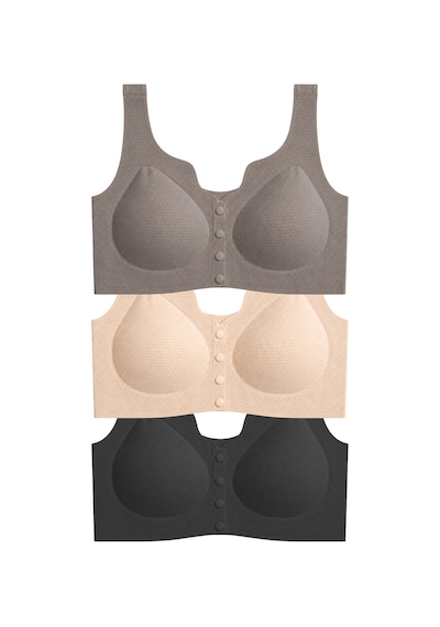 Cottonill Seamless Bra - Virela Lazer Kesim Önden Düğmeli Büyük Beden Kadın Sütyen 3'lü Paket-2 Çok Renkli