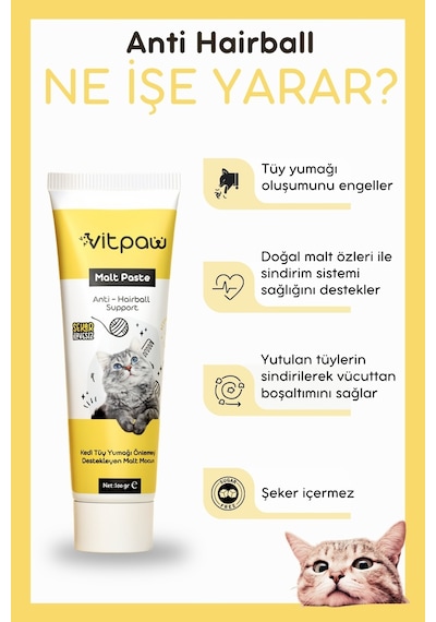 Vitpaw Malt Paste Tüy Yumağı Kontrolü ve Sindirim Desteği Kedi Malt Macunu 100 G
