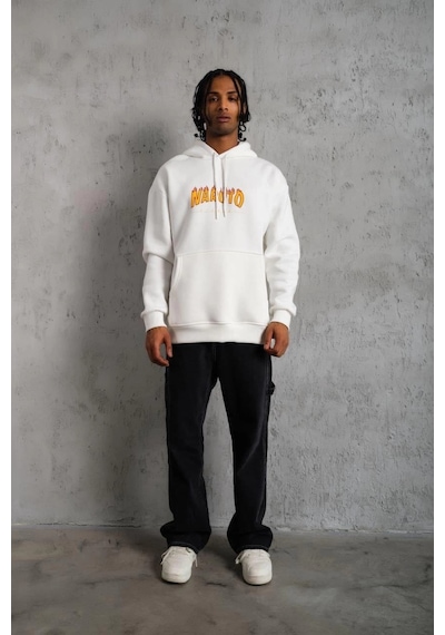 Erkek Baskılı Kapüşonlu 3 İplik Pamuklu Hoodie Sweatshirt - Beyaz Beyaz