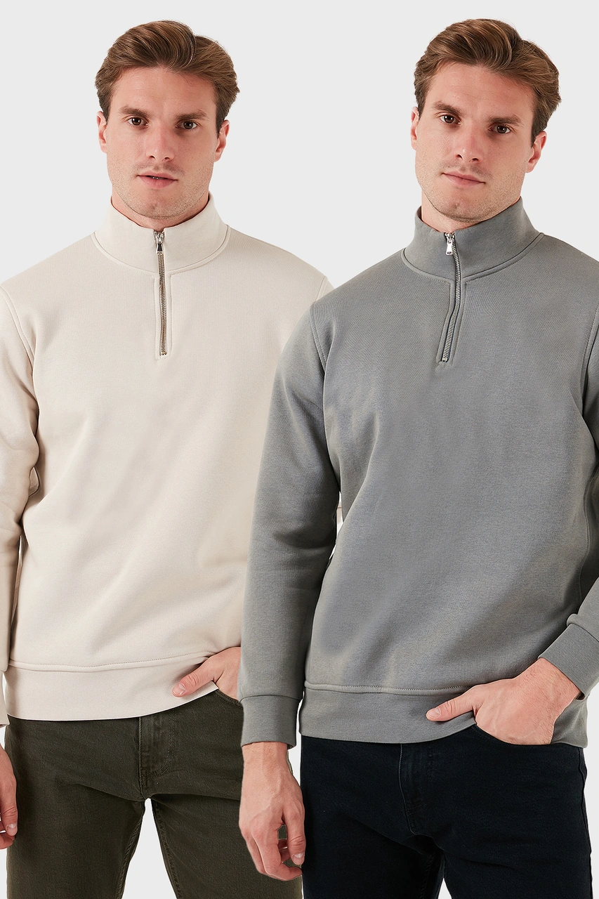 Buratti Pamuklu Regular Fit Dik Yaka 2'Li Paket Erkek Sweat 59052592S2 Açık Haki-Kum