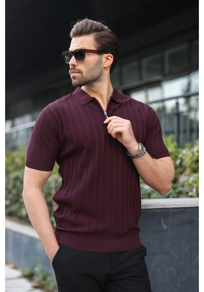 Madmext Bordo Yarım Fermuarlı Polo Yaka Erkek Kazak E7458 Bordo