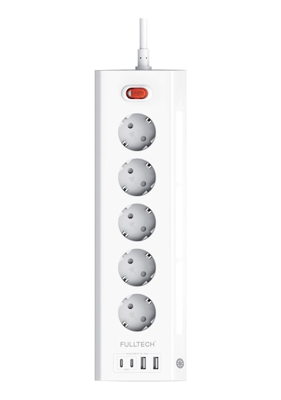 Fulltech FTR-26 Akım Korumalı Priz Beyaz 9’lu (5 Priz + 2 USB-A + 2 USB-C) 3680W 16A, 2 Metre Kablolu, Gece Lambalı Çoklu Priz -