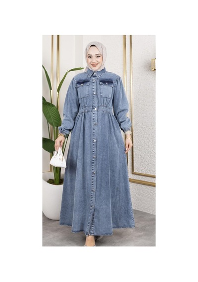 Harman Butik Kadın Düğmeli Cepli Kot Elbise Mavi Mavi