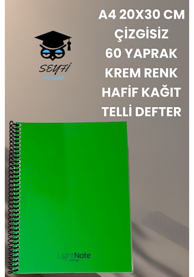 A4 20x30 Cm Çizgisiz 60 Yaprak Telli Plastik Kapak Hafif Defter Light Book Krem Renk Kağıt Yeşil