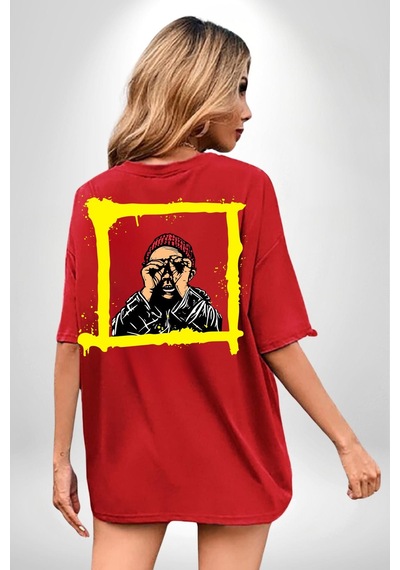 Fantastik Sanatsal Yeni Nesil Kırmızı Bere El İle Dürbün Kırmızı Oversize Unisex Ön Ve Sırt Baskılı Tişört Kırmızı
