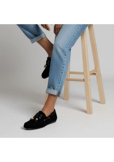 Ne&ve Shoes Siyah Süet Hakiki Deri Boncuklu Makosen Kadın Kolej Loafer