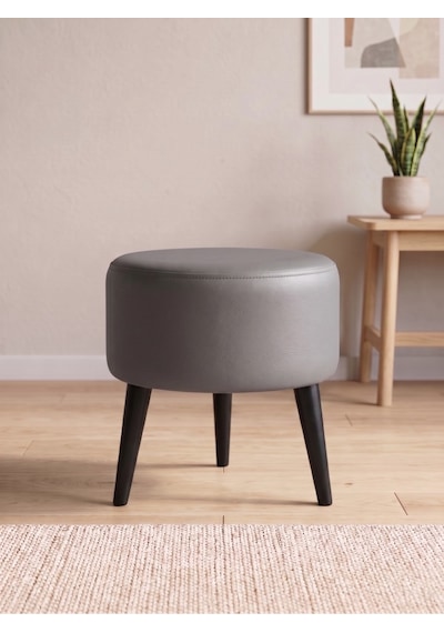 Modern Gri Deri Puf Tabure Ahşap Siyah Ayaklı Yuvarlak Puf 40x42 Cm