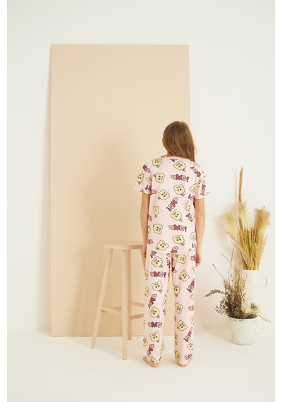 Siyah İnci Pamuklu Bisiklet Yaka Örme Pijama Takım25107155 Pembe