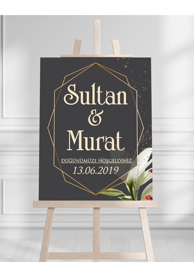 Söz Nişan Düğün İçin 50x70 Karşılama Panosu - Siyah Ve Gold Çiçek Temalı 09 Beyaz