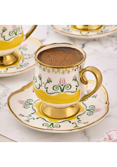 Aryıldız Eros 12 Parça 6 Kişilik Kahve Fincan Takımı Sarı 90 Ml Çok Renkli