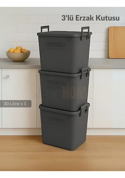 3 Lü Set Soğanlık Sepet Havalandırmalı Erzak Kutusu Bpa Free Sebzelik Saklama Kutusu Antrasit 90 Lt Antrasit