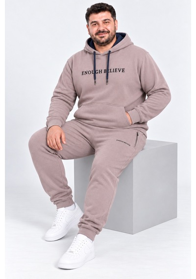 Fore Sport Erkek Kapüşonlu 3 İplik Şardonlu Battal Boy Eşofman Takımı Vizon