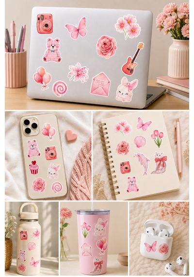 Pembe Estetik Sticker Seti Laptop Telefon Defter Kupa Valiz Stickerları Vintage Çıkartma Çok Renkli