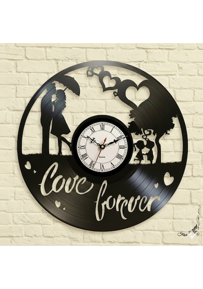 "love Forever" Yazılı Çift Silüetli Plak Saat - Sevgililer Günü Hediyesi Siyah