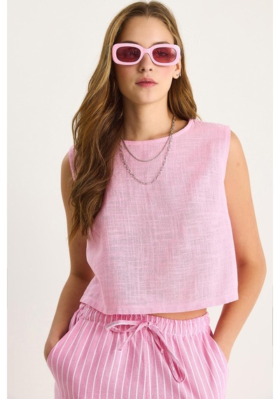 Shade Kadın Kolsuz Keten Bluz 3419-1 60282023 - Şeker Pembe
